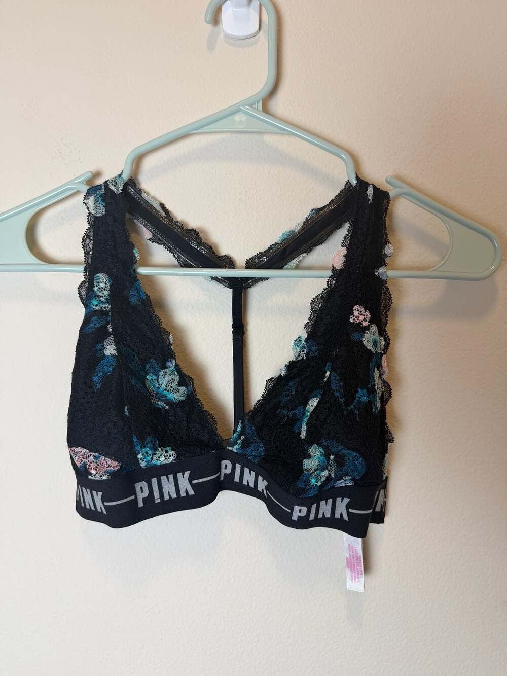 PINK Victoria's Secret Black Floral Lace Strappy Racerback Bralette